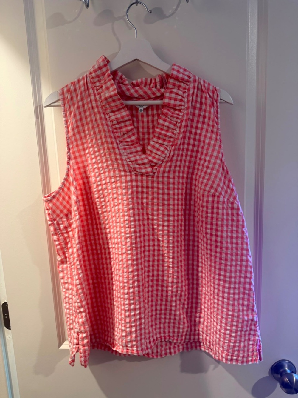 Pink Gingham Sleeveless Ruffle‑Neck Top